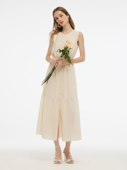 Acetate Blend Loose Fit Women A-Line Maxi Vest Dress With Belt