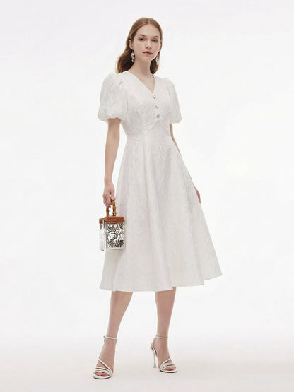[Preview] Jacquard V-Neck Women Puff Sleeve Maxi Dress