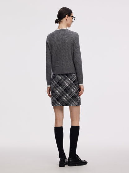 Faux-Layered Cardigan And Plaid Skirt Two-Piece Set