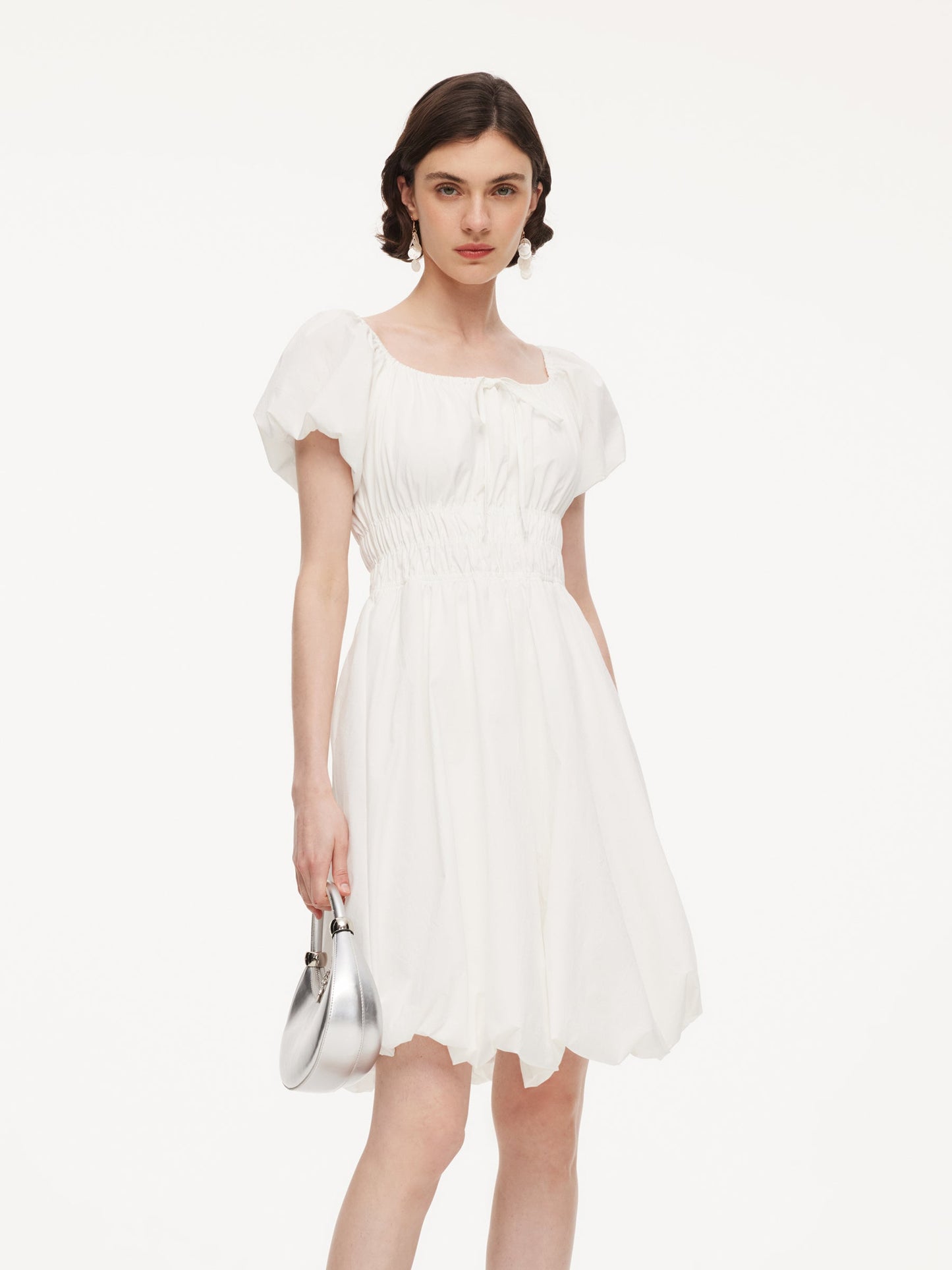 Quick-Dry UV Protection Square Neck Women Bubble Hem Mini Dress With Scrunchie