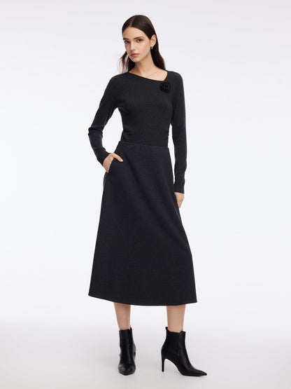 Asymmetrical Hem Knit Scarf Top And A-Line Skirt Two-Piece Set With Detachable Flower