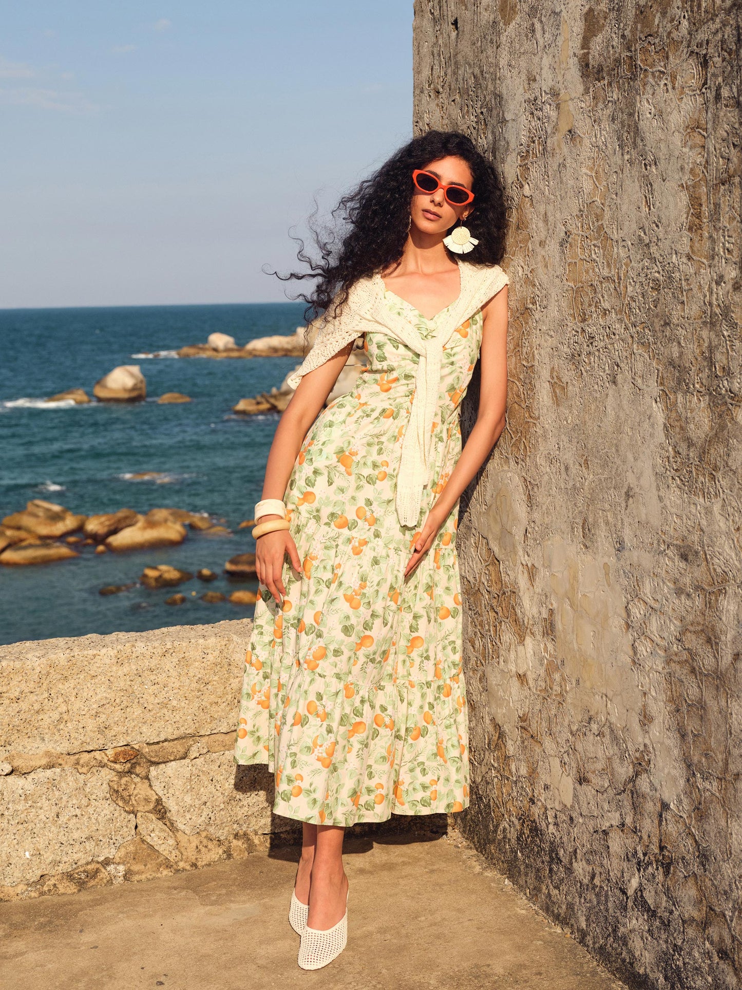 Cotton Floral Print Strap Maxi Dress And Openwork Cardigan Two-Piece Set