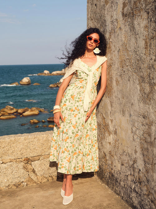 Cotton Floral Print Strap Maxi Dress And Openwork Cardigan Two-Piece Set