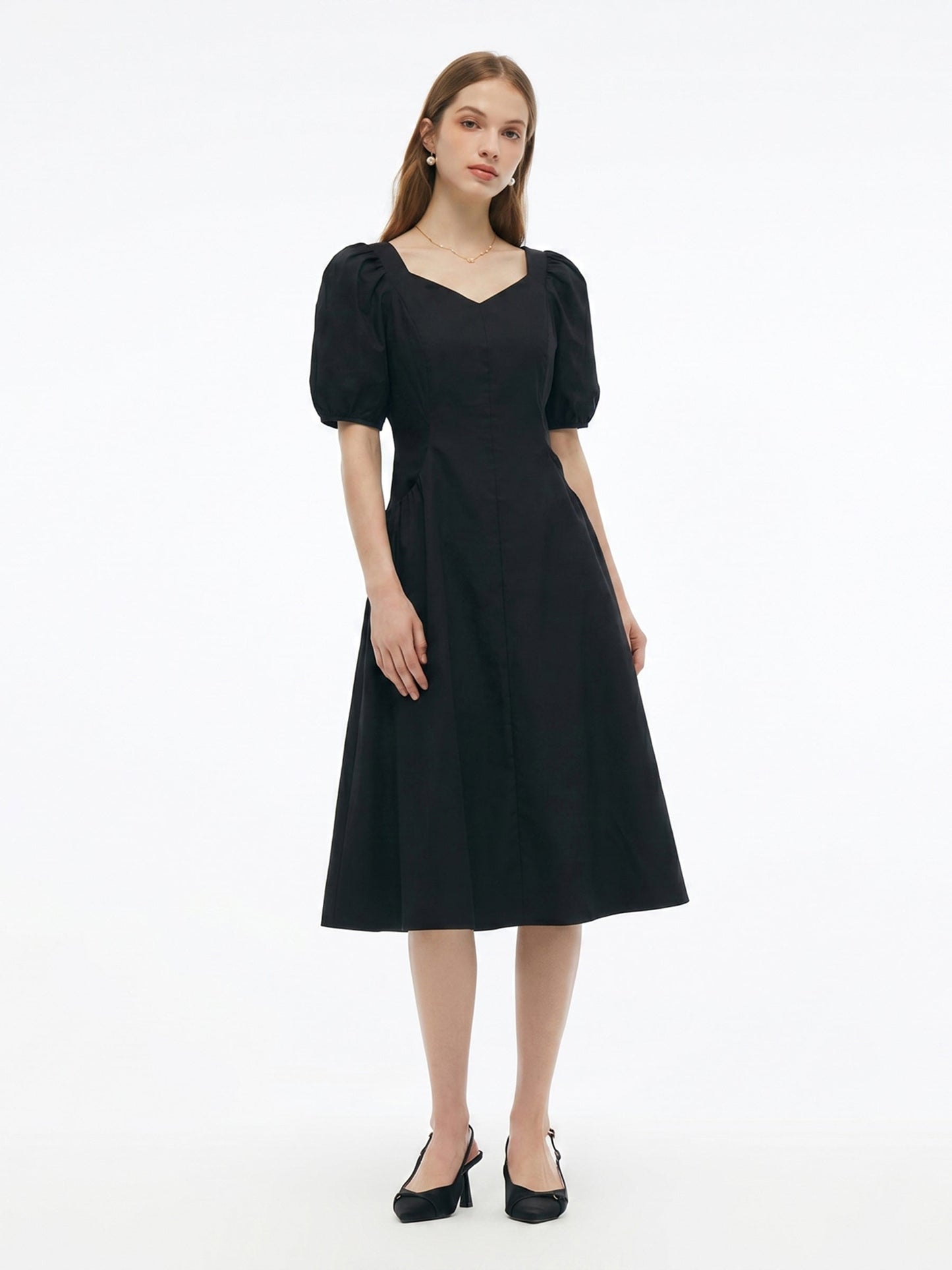 Cotton Blend Square Neck Women Puff Sleeve Midi Dress