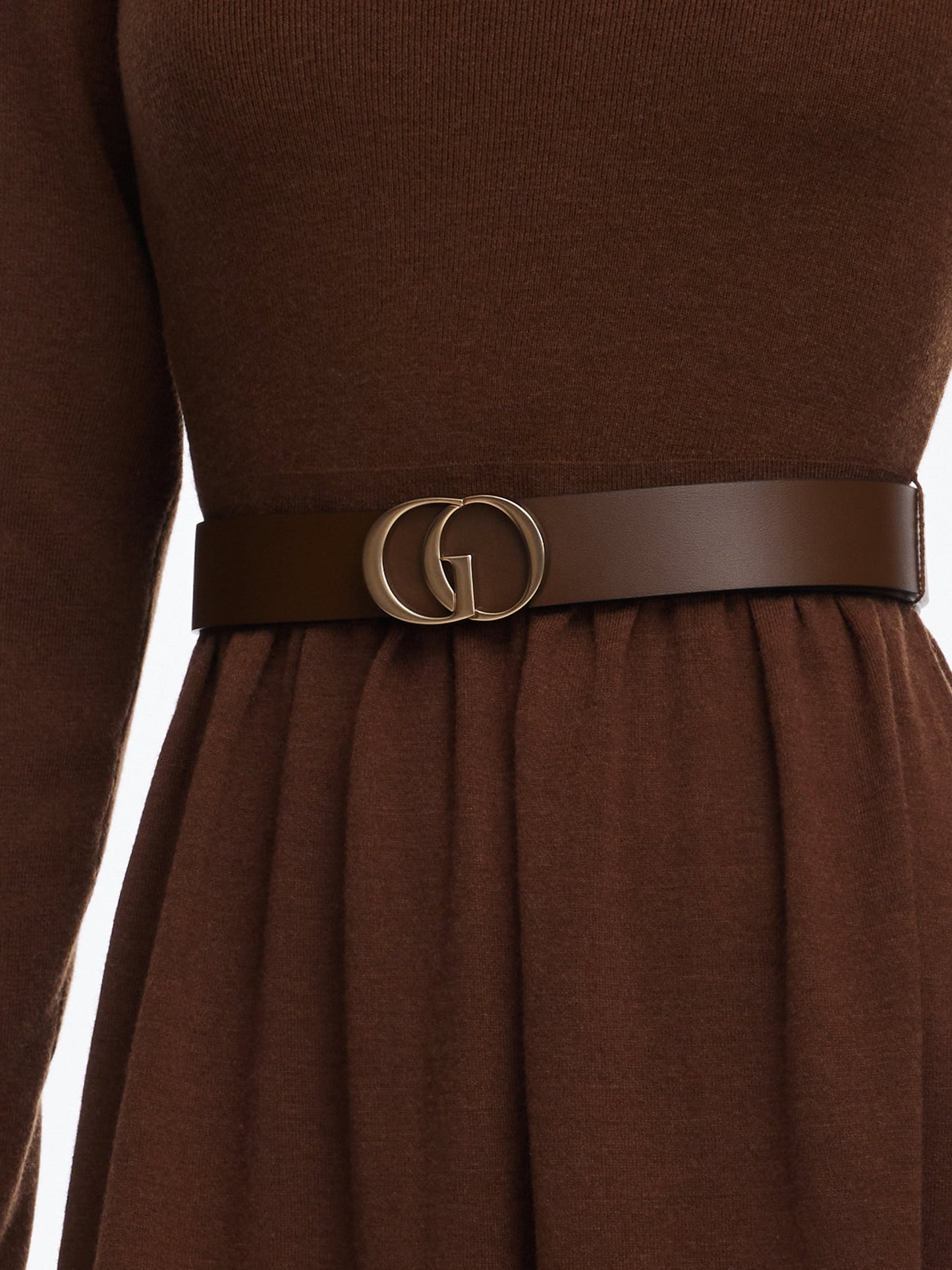 Tencel Wool Blend Boat Neck Women Knit Maxi Dress With Leather Belt