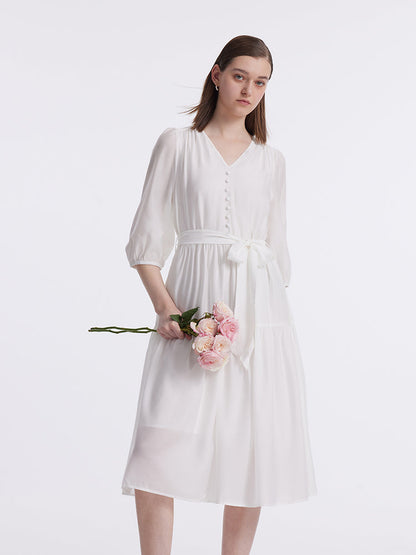 White V-Neck Gathered Waist Midi Dress