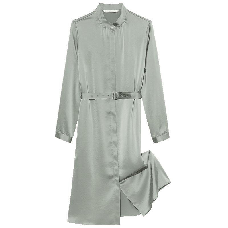 Triacetate Long-Sleeve Slim Midi Collared Dress
