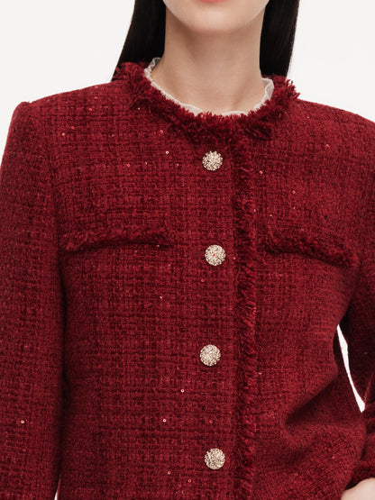 Wool Blend Tweed Sequins Fringe Trim Women Jacket