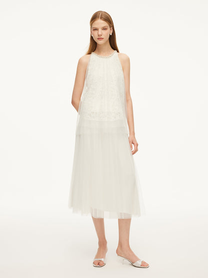 Lace Embroidered Sequins Halter Top And Mesh Skirt Two-Piece Set