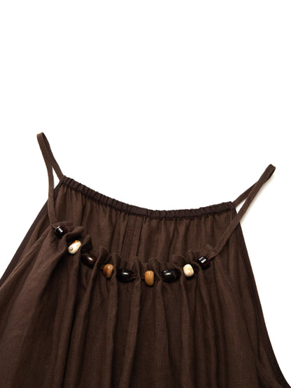 100% Linen Beaded Neck Women Strap Maxi Dress With Tie String Belt