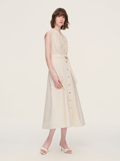 100% Cotton Gather-waisted Women Cap Sleeve Maxi Dress With Two Belts