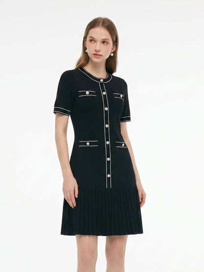 Tencel Blend Contrast Trim Women Pleated Hem Knit Mini Dress