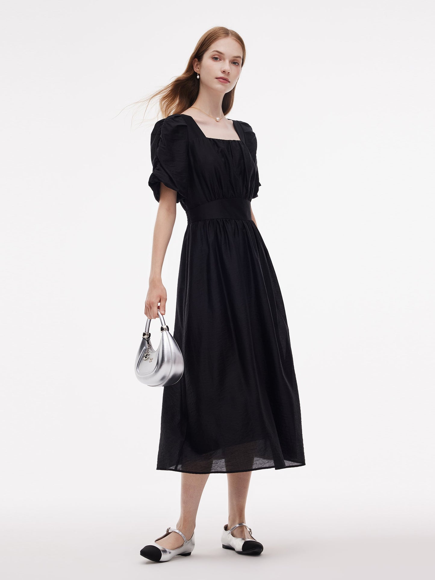 Tencel Blend Square Neck Women Puff Sleeve Maxi Dress