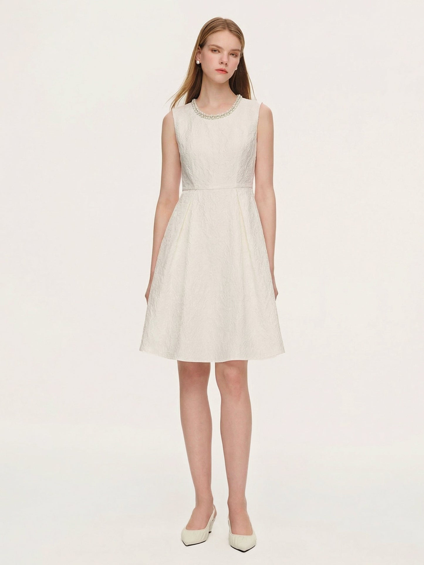 [Preview] Jacquard Beaded Neckline Women Sleeveless Midi Dress
