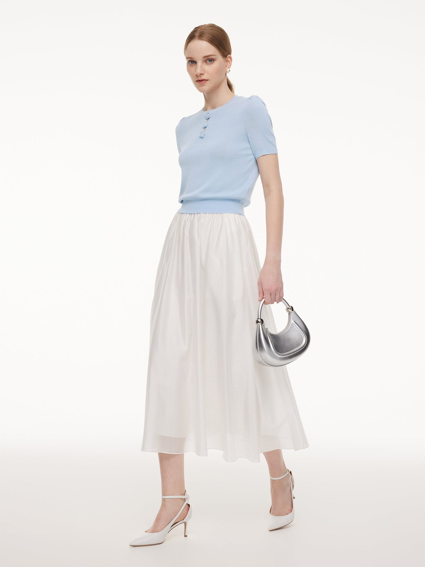 Tencel Blend Knit Top And A-Line Skirt Two-Piece Set With Detachable 3D Crochet Flowers