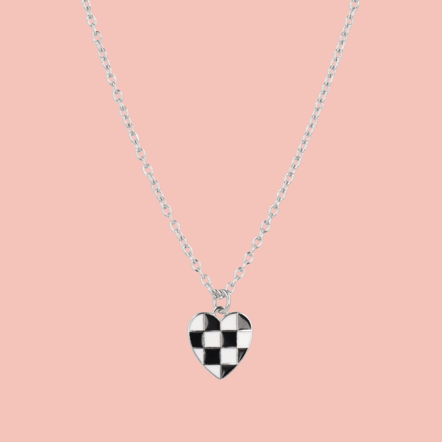 Black & White Heart Checkerboard Necklace