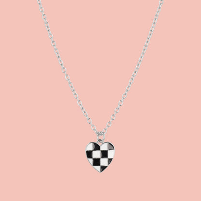 Black & White Heart Checkerboard Necklace