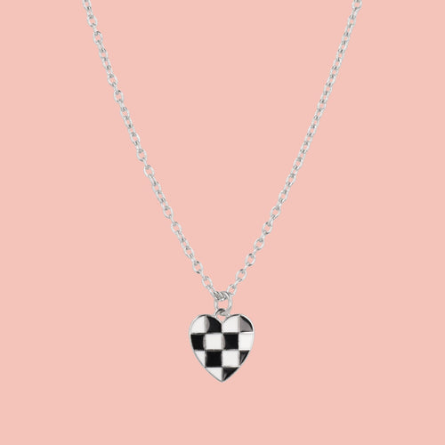 Black & White Heart Checkerboard Necklace
