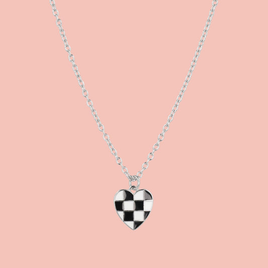 Black & White Heart Checkerboard Necklace