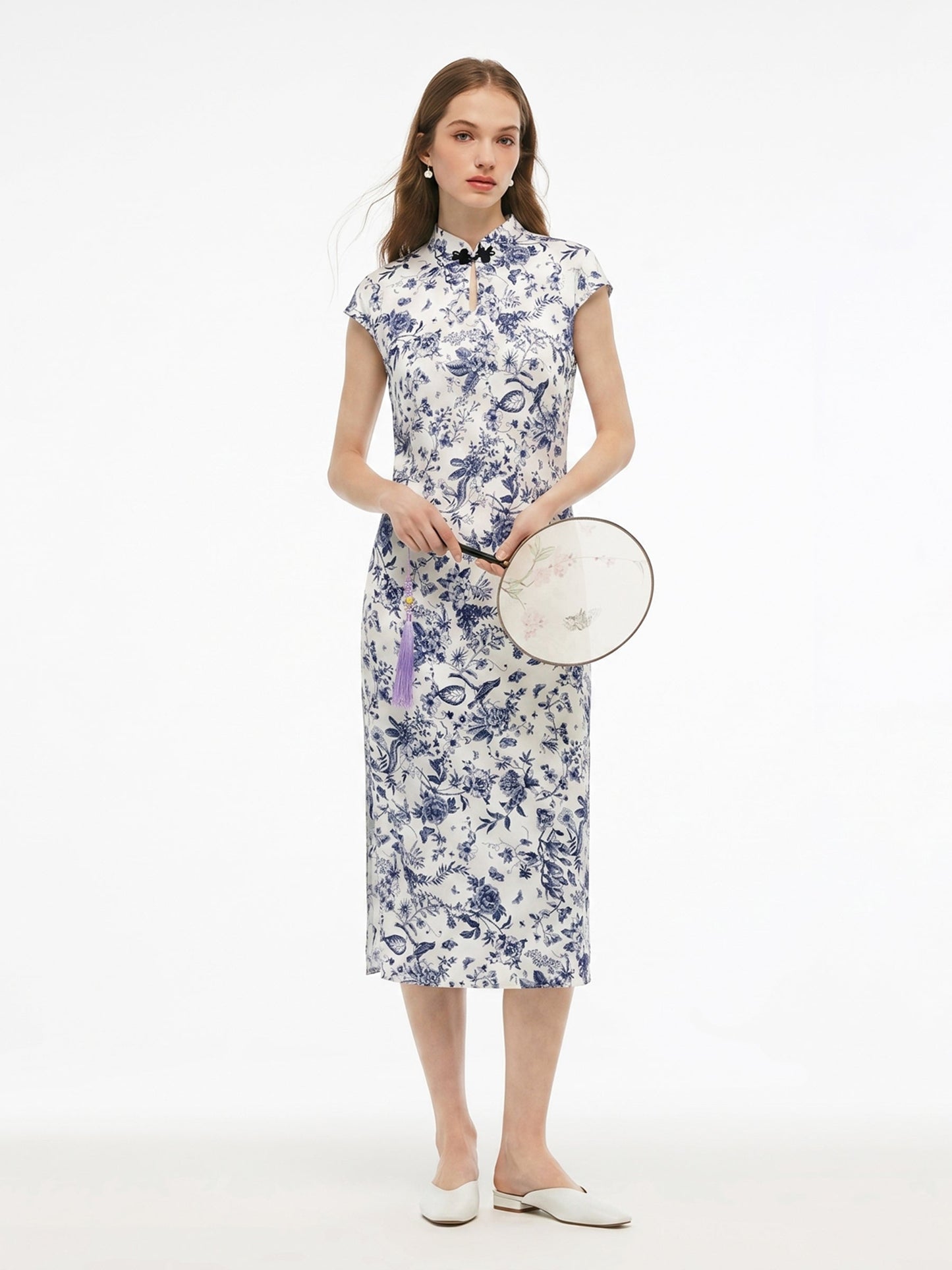 19MM Mulberry Silk Floral Print Women Qipao Maxi Dress