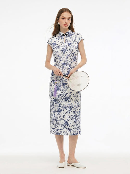 19MM Mulberry Silk Floral Print Women Qipao Maxi Dress