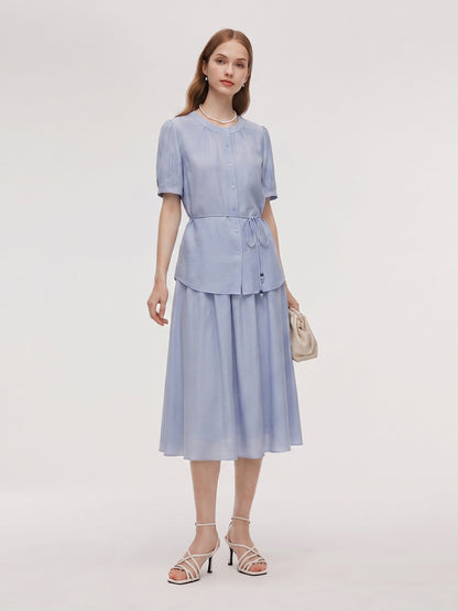 Acetate Blend Blouse And A-Line Skirt Belted Two-Piece Set