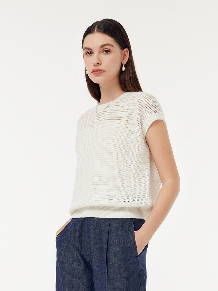 Linen Cotton Sequins Women Open-Knit Top