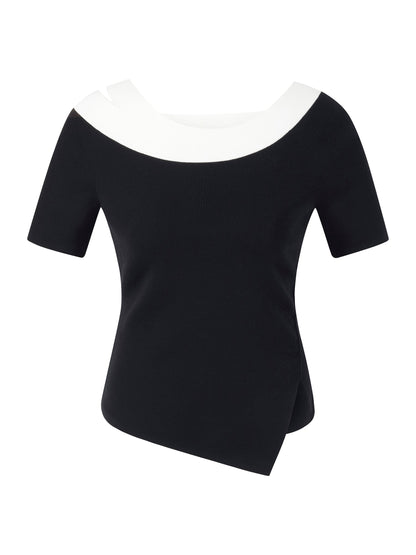 Tencel Blend Color Block Women Cut-Out Knit Top