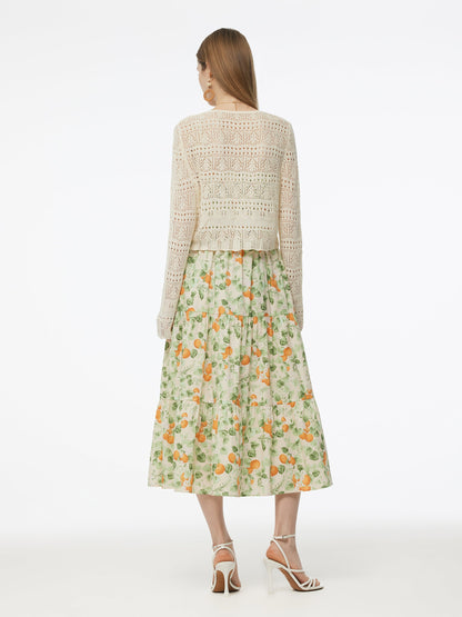 Cotton Floral Print Strap Maxi Dress And Openwork Cardigan Two-Piece Set