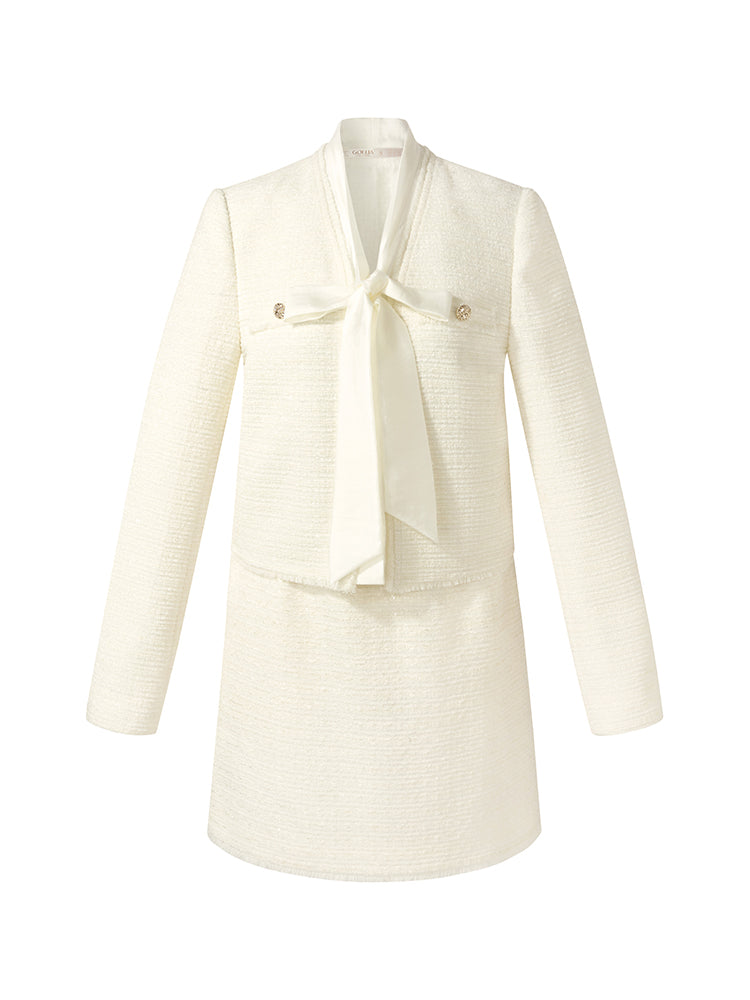 Tweed Bow Tie Neck Jacket And Mini Skirt Two-Piece Set