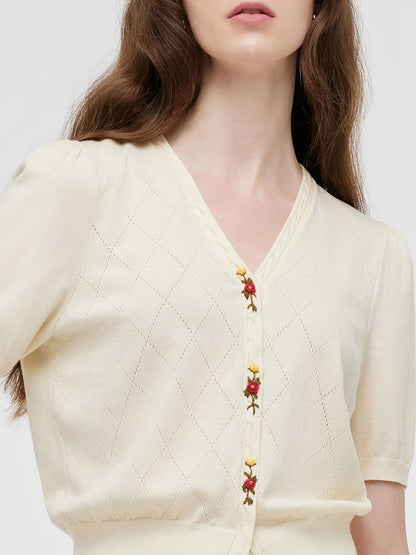 Tencel-Silk Blend Floral Embroidered Women Knit Top
