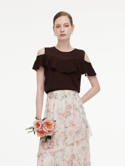 Tencel Blend Ruffle Cold Shoulder Women Knit Top