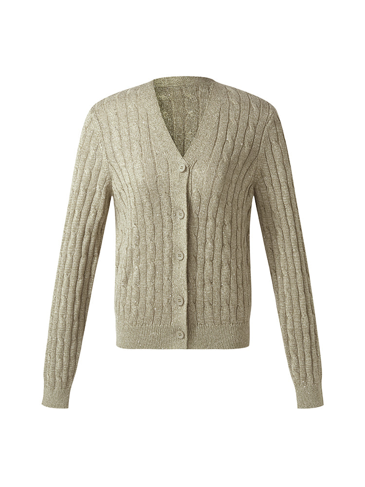 Linen Sequins Openwork Women Knit Cardigan