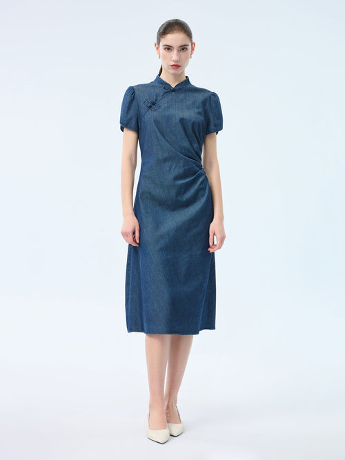 Tencel Blend Denim Side Twist Women Qipao Midi Dress