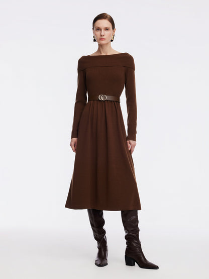 Tencel Wool Blend Boat Neck Women Knit Maxi Dress With Leather Belt