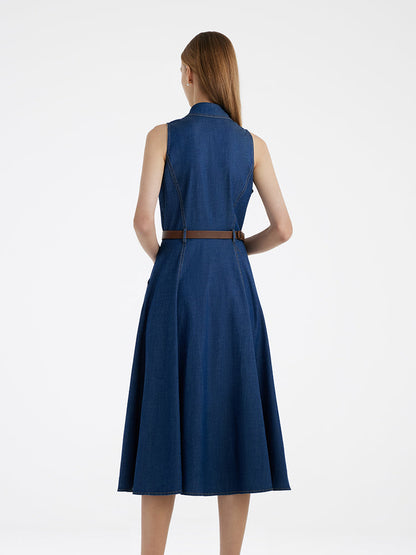 Denim Lapel Women Midi Vest Dress With Belt