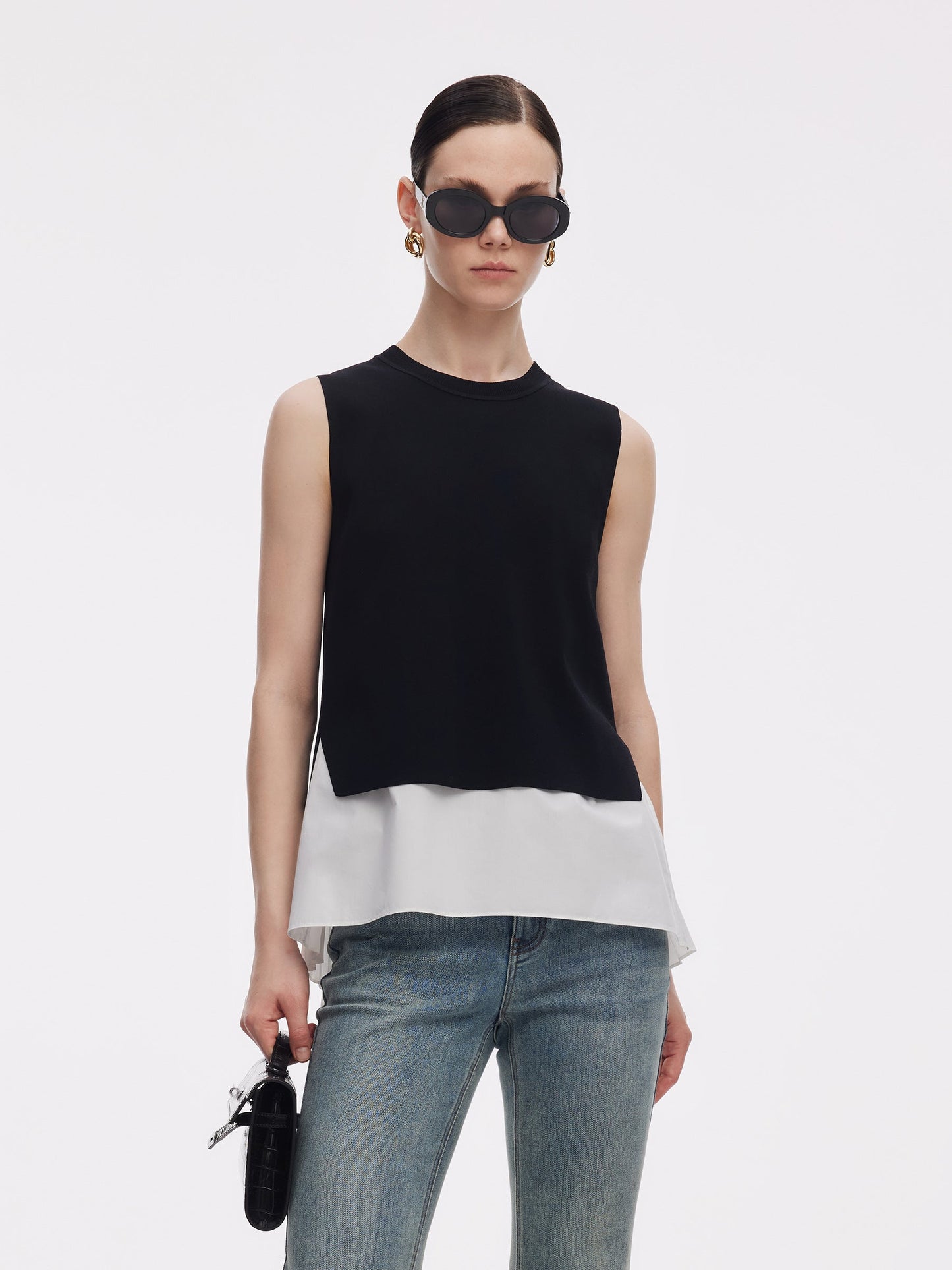 Lyocell Blend Knit Tank Top And Back Pleated Blouse Two-Piece Set