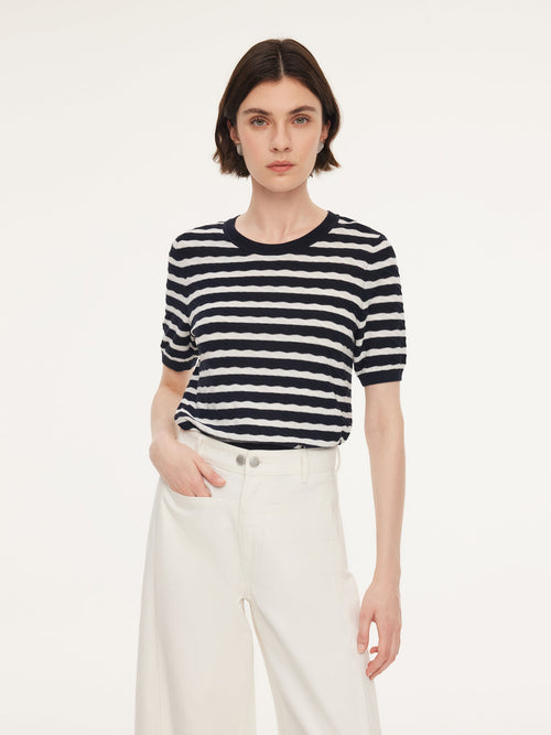 Lyocell Blend Stripe Round Neck Women Knit Top