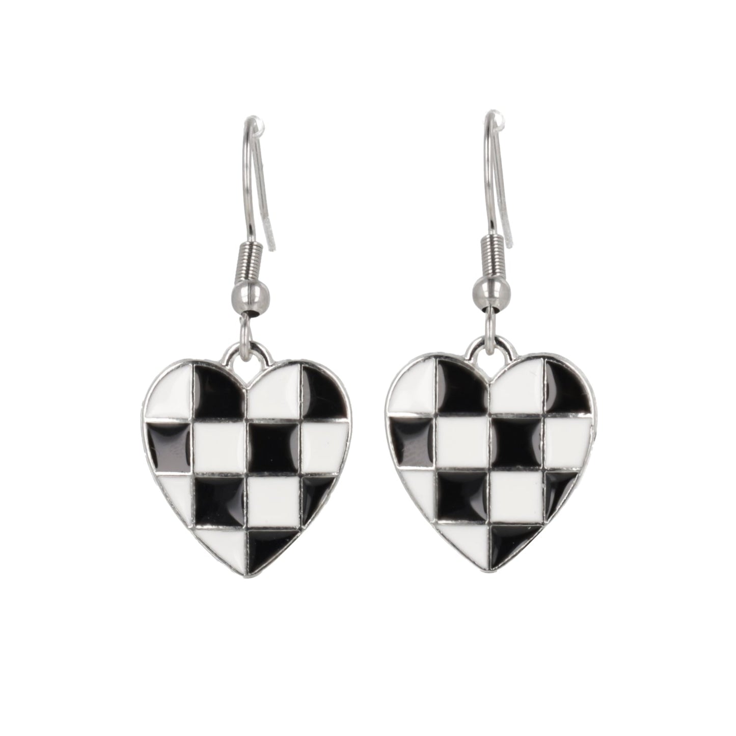 Black & White Heart Checkerboard Earrings (Stainless Steel)