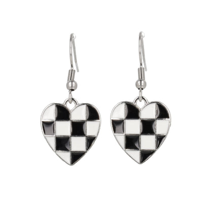 Black & White Heart Checkerboard Earrings (Stainless Steel)