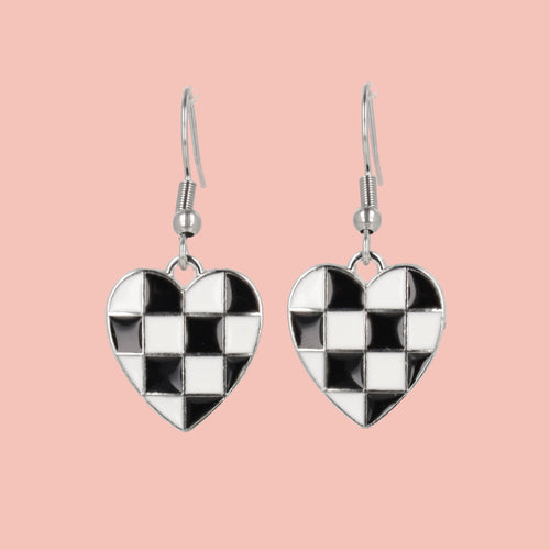 Black & White Heart Checkerboard Earrings (Stainless Steel)