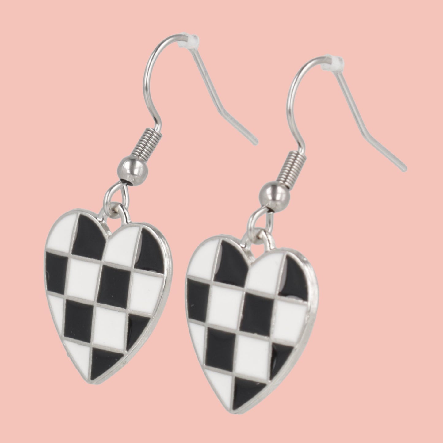 Black & White Heart Checkerboard Earrings (Stainless Steel)