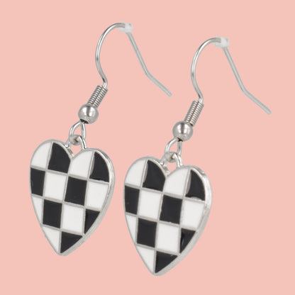 Black & White Heart Checkerboard Earrings (Stainless Steel)