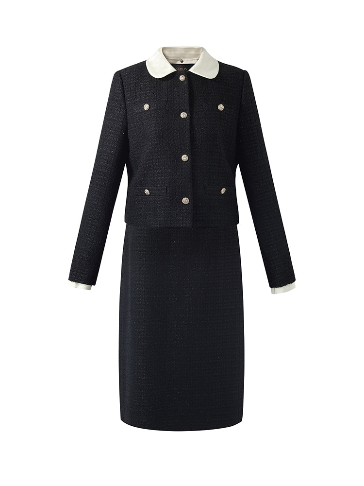 Tweed Crop Jacket And A-Line Skirt Two-Piece Set With Detachable Contrast Collar