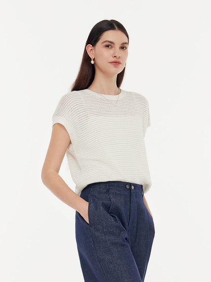 Linen Cotton Sequins Women Open-Knit Top
