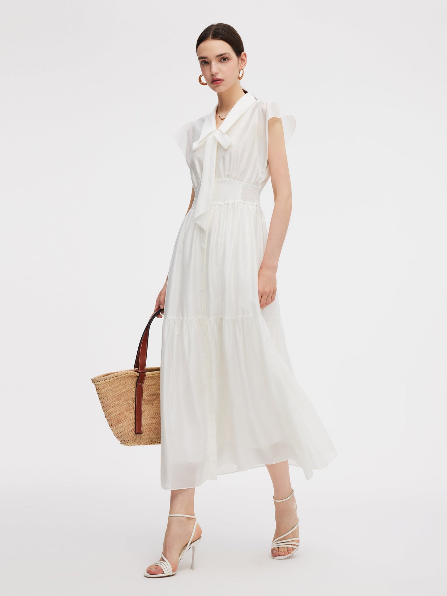 Tencel Blend Women Cap Sleeve Maxi Dress With Ribbon