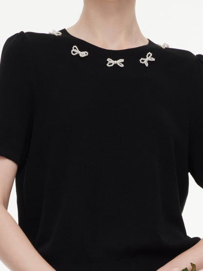 Lyocell Blend Beaded Bowknot Women Knit Top