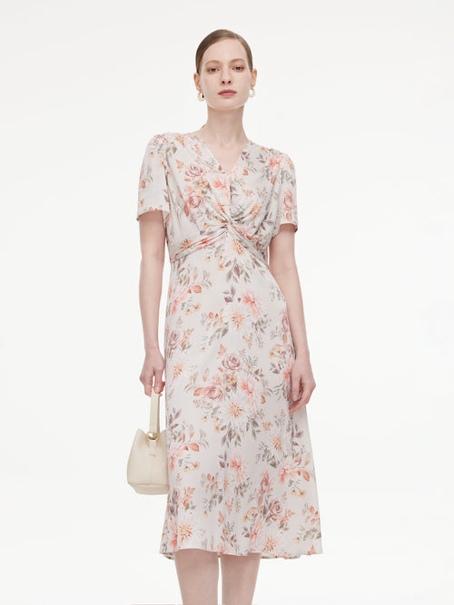 19MM Mulberry Silk Floral Print Twist Front Women Midi Dress