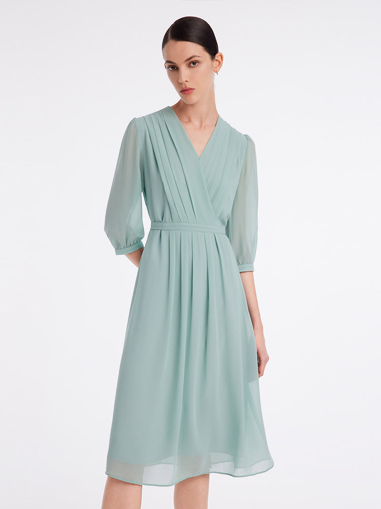V-Neck Pleated Lace Up Wrap Midi Dress