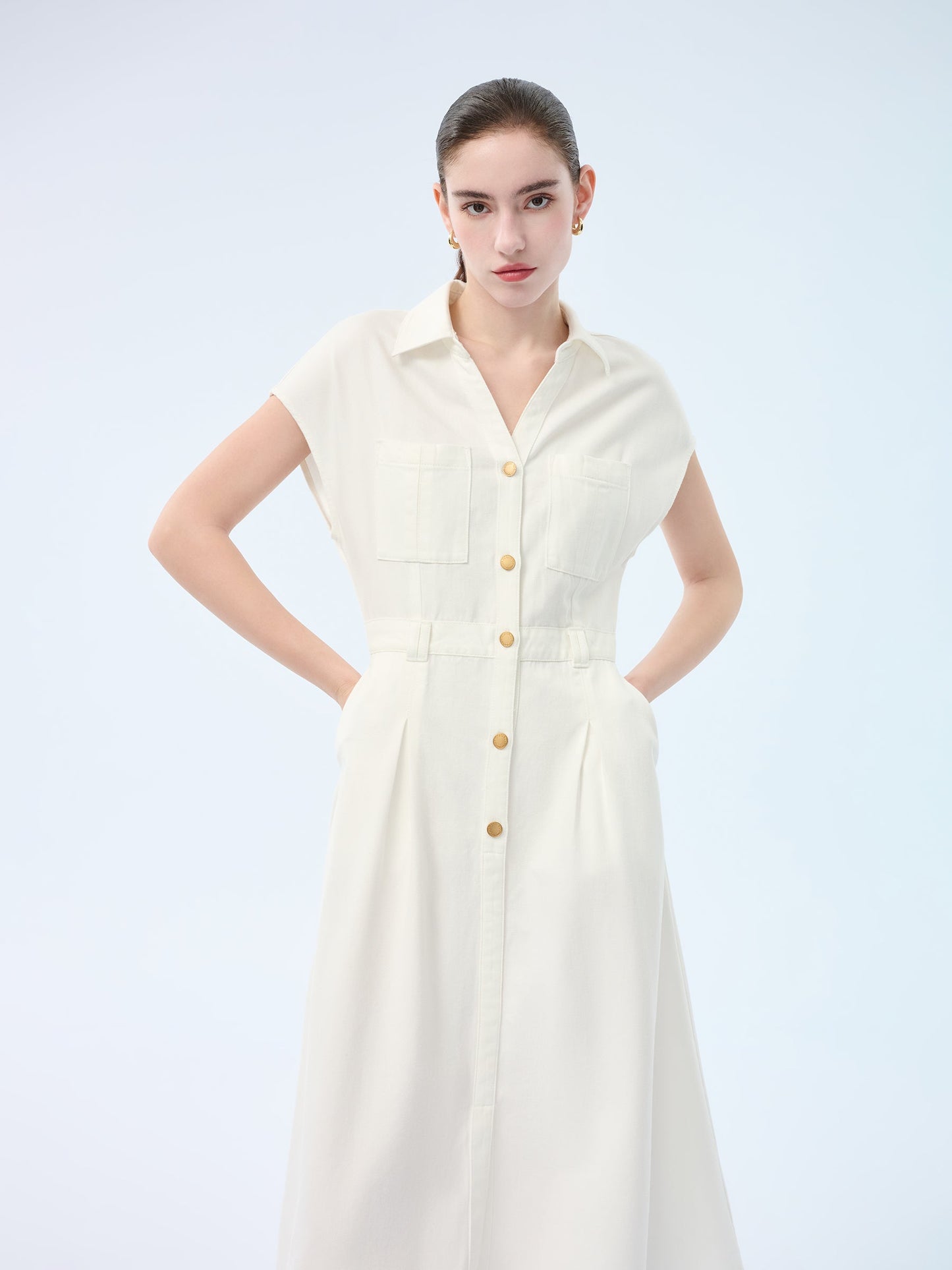Lyocell Cotton Blend Denim Women V-Neck Maxi Shirt Dress With Belt